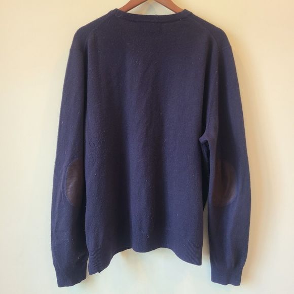 Bloomingdale's Mens 100% Cashmere Pullover Sweater Navy Size XL Elbow Patches - Picture 7 of 11